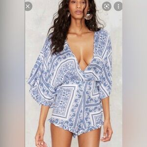 Nasty Gal blue white paisley boho printed romper shorts jumpsuit asos H&M Zara
